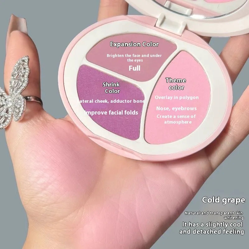 Tricolor blush palette showing three matte shades: peach, apricot, and mauve-pink