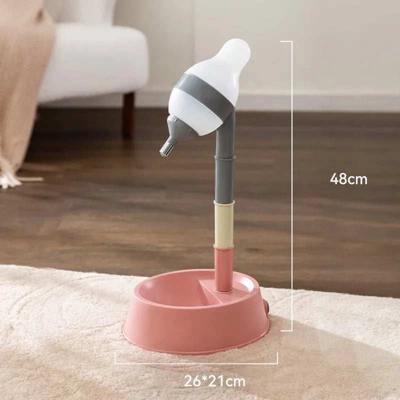 Green pet standing water dispenser with detachable pole and adjustable height settings on a floor.