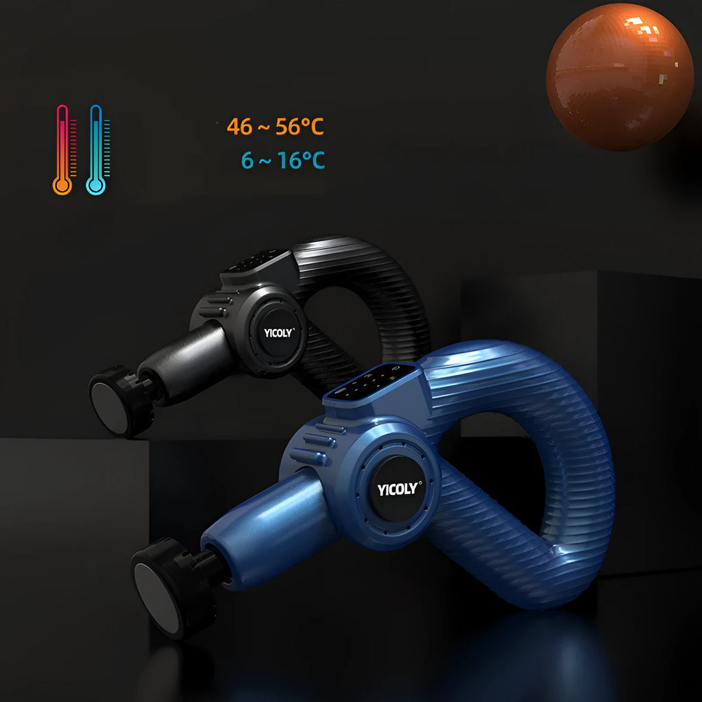 Black adjustable angle muscle massage gun with hot cold compress functions and five massage heads