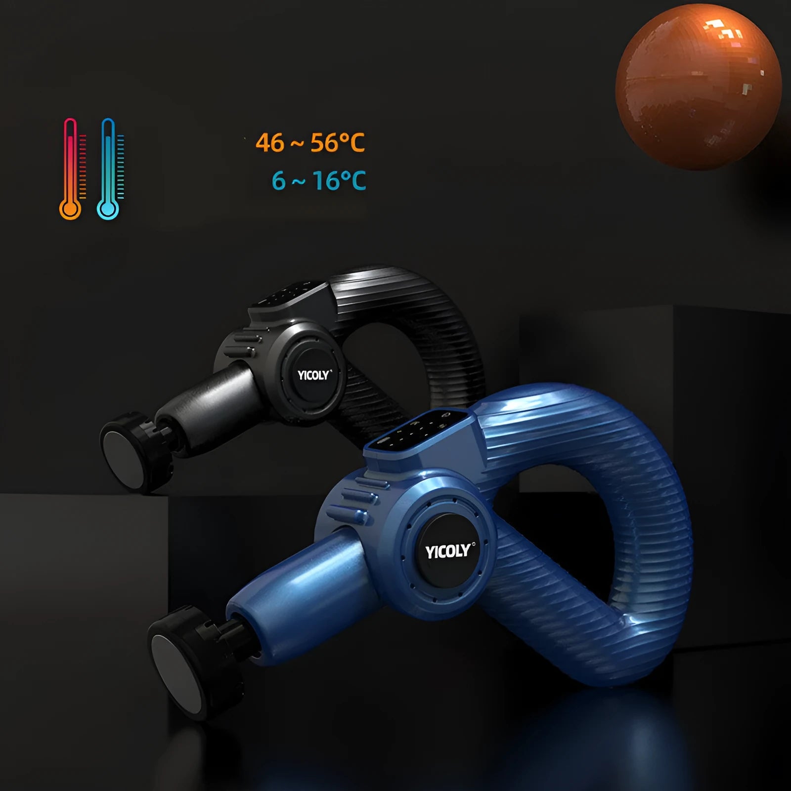 Black adjustable angle muscle massage gun with hot cold compress functions and five massage heads