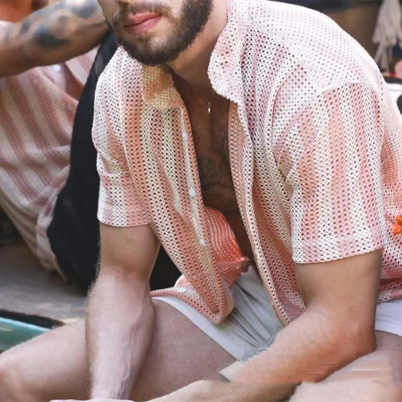 Men's pink waffle weave summer shirt with cardigan-style open front and short sleeves