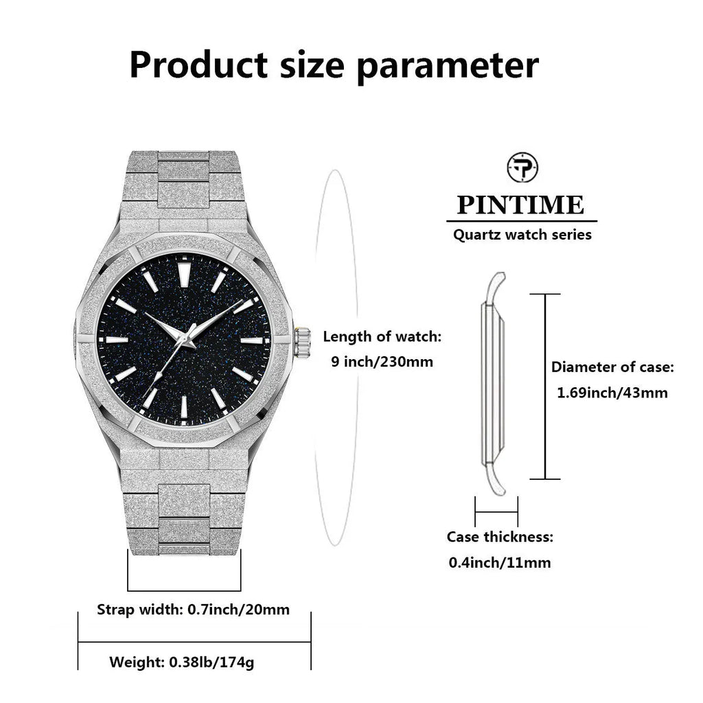 Business men's watch with frosted stainless steel case and luminous hands in silver colour option