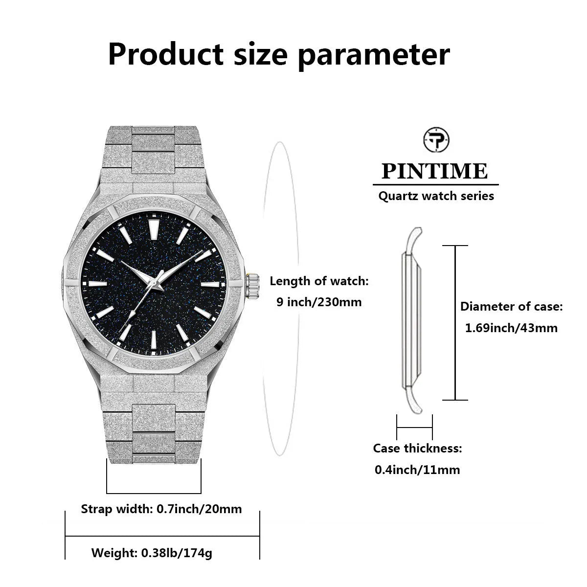 Business men's watch with frosted stainless steel case and luminous hands in silver colour option