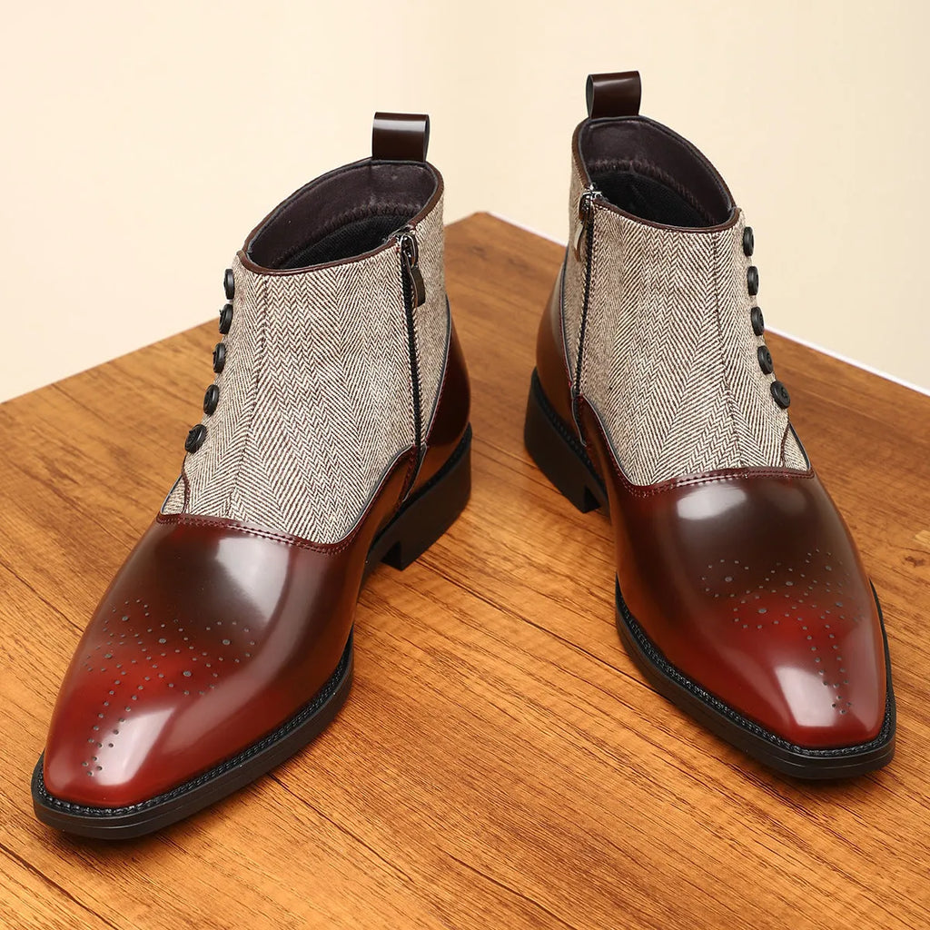 Men's brown retro formal shoe with side zipper, square toe, and low square heel on a white background.