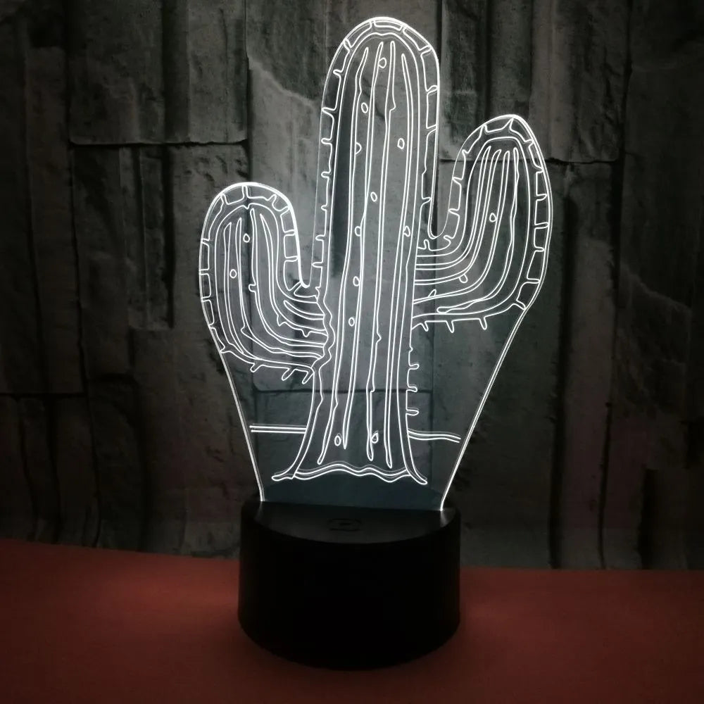 Cactus 3D night light with touch switch, 7 colours, 87x87x42mm base, USB or battery powered