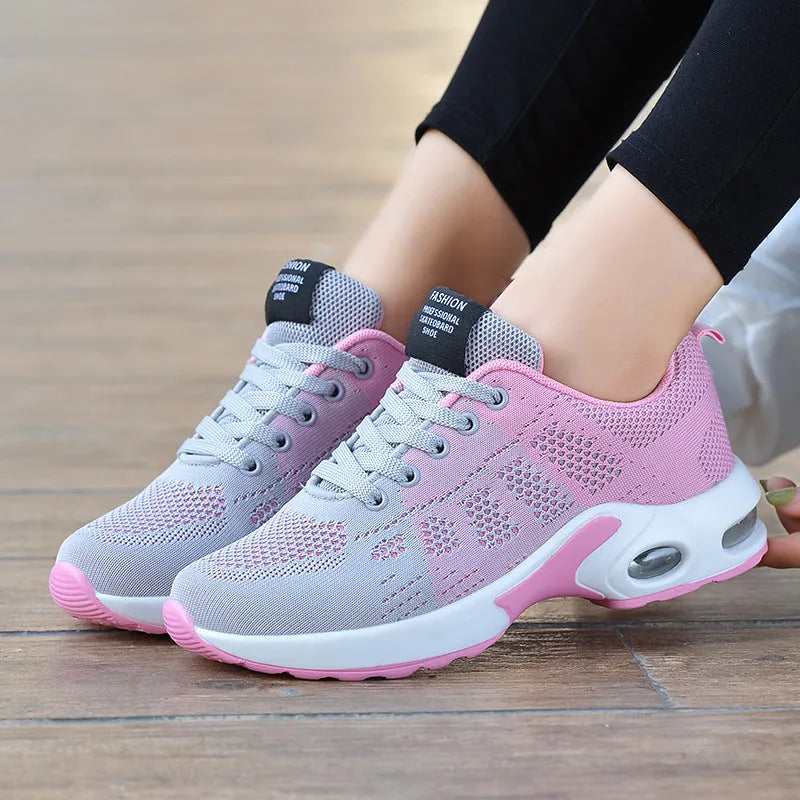 Women's flying woven mesh lace-up casual shoes with rubber sole, flat heel, and breathable upper, sizes 35-42.