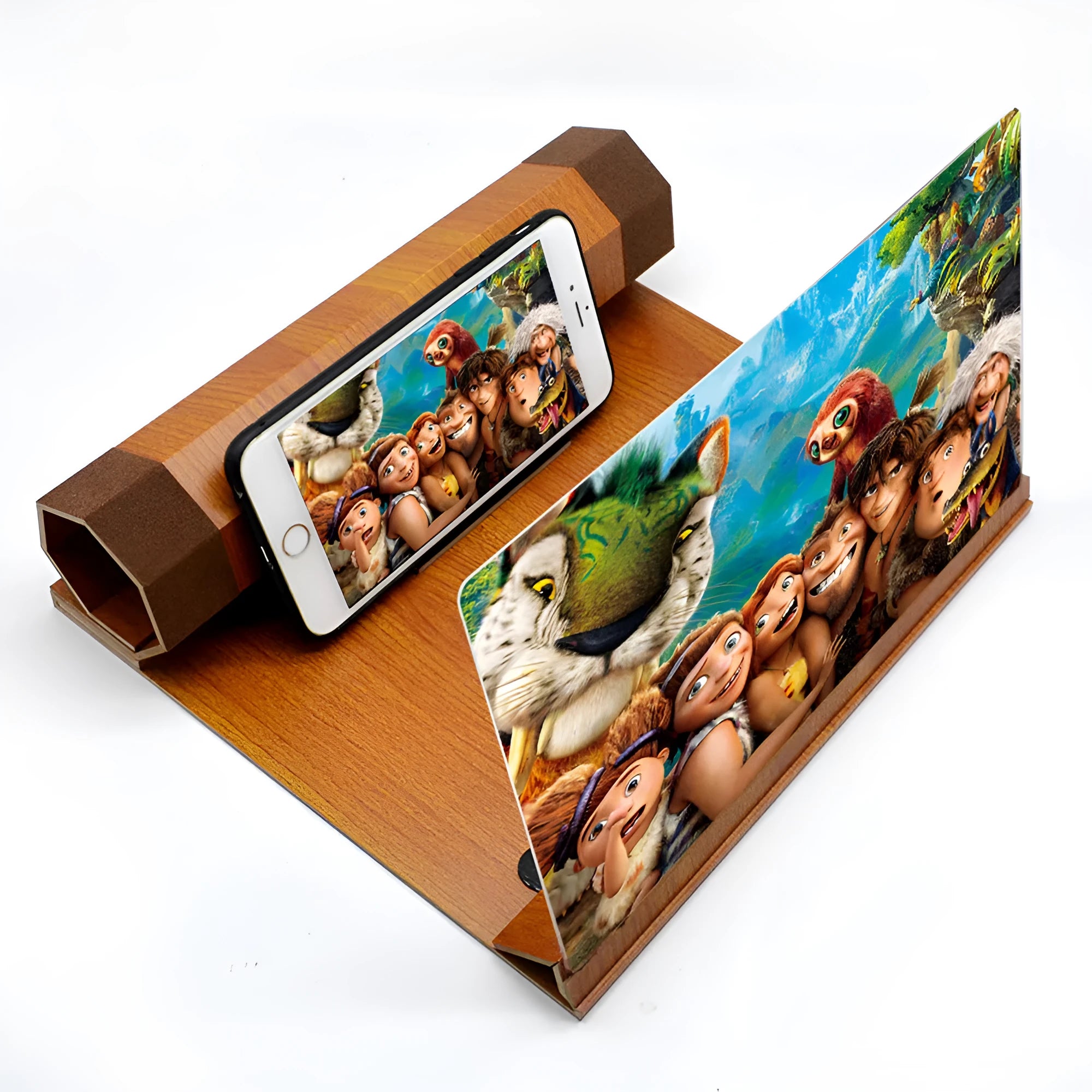 Wood grain mobile phone amplifier measuring 25.5cm wide with phone resting on display stand