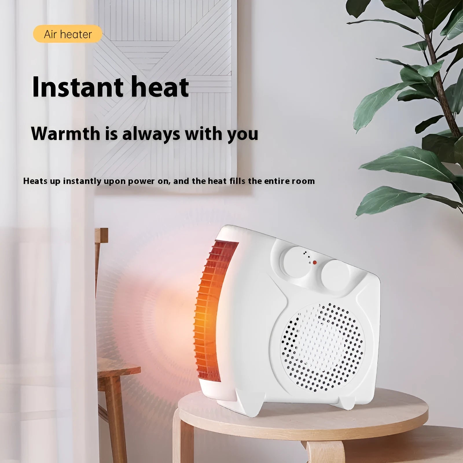 Small white electric heater for desktop use with dimensions 290mm wide by 2240mm long
