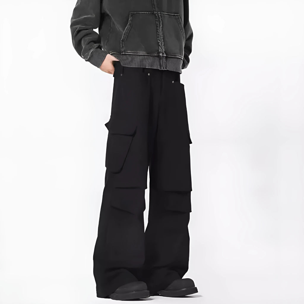 Men's beige straight-leg casual trousers with a high waist and button-fly front on a neutral background.