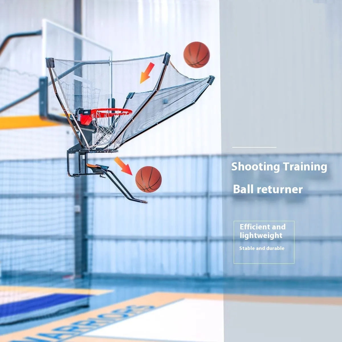 Portable automatic basketball rebound net hanging on a hoop for solo shooting practice.