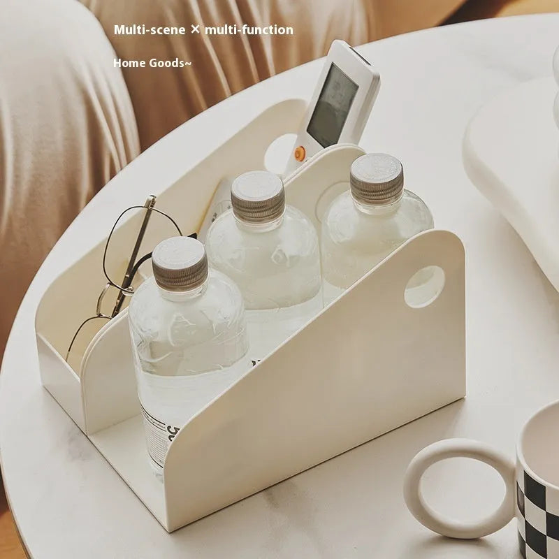 Plastic desktop organiser box with two internal shelves in ivory white colour