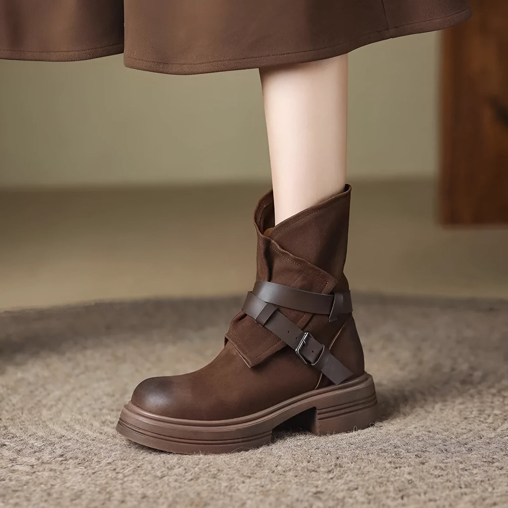 Brown retro British style ankle boots with platform heel and buckle detail for women