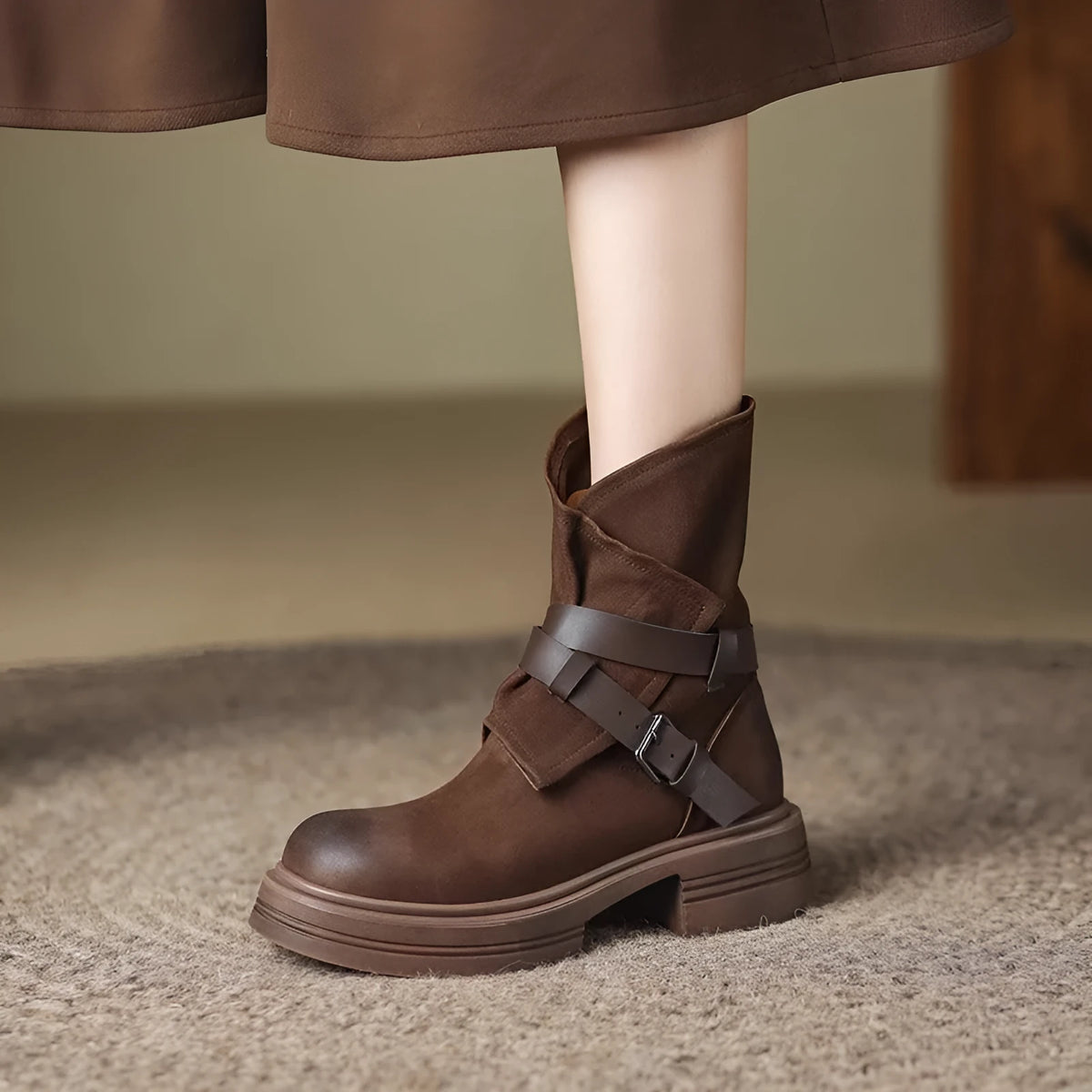 Brown retro British style ankle boots with platform heel and buckle detail for women