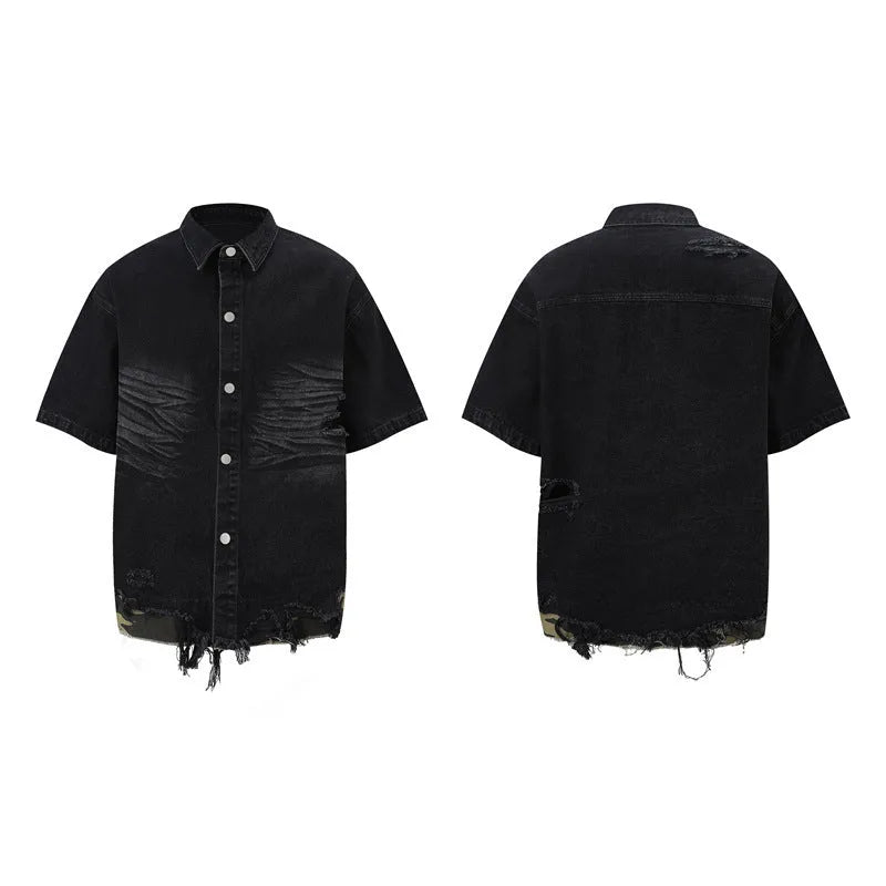 Leopard print denim short sleeve jacket and matching shorts set with raw cut edge stitching.