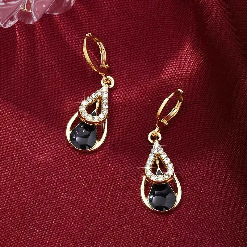 Black diamond-inlaid drop earrings with hollow double-layer alloy droplet design for women