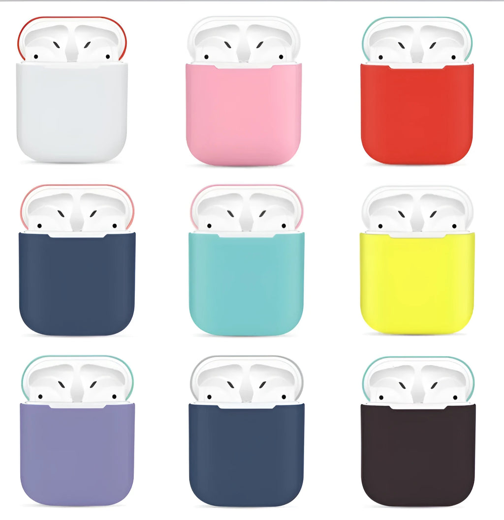 Silicone protective cover for Apple AirPods charging case in a split style design, shown in a selection of colours.