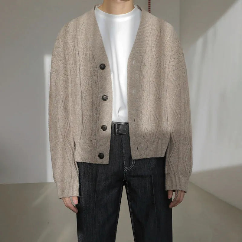 Coffee brown loose fit cardigan sweater coat with long sleeves and thickened acrylic fabric on a model