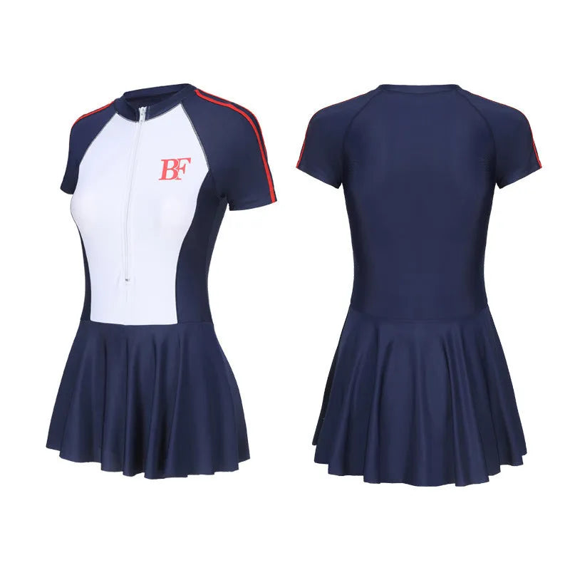 Conservative women's sports one-piece swimsuit in a colour-block pattern, shown in colour E92 or E93.