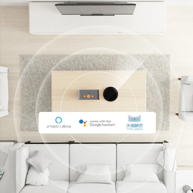 Black compact infrared wifi smart remote control with 360° IR transmission on a table