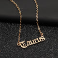 Zodiac Old English pendant necklace in alloy, showing astrology sign in classic font, lightweight jewellery