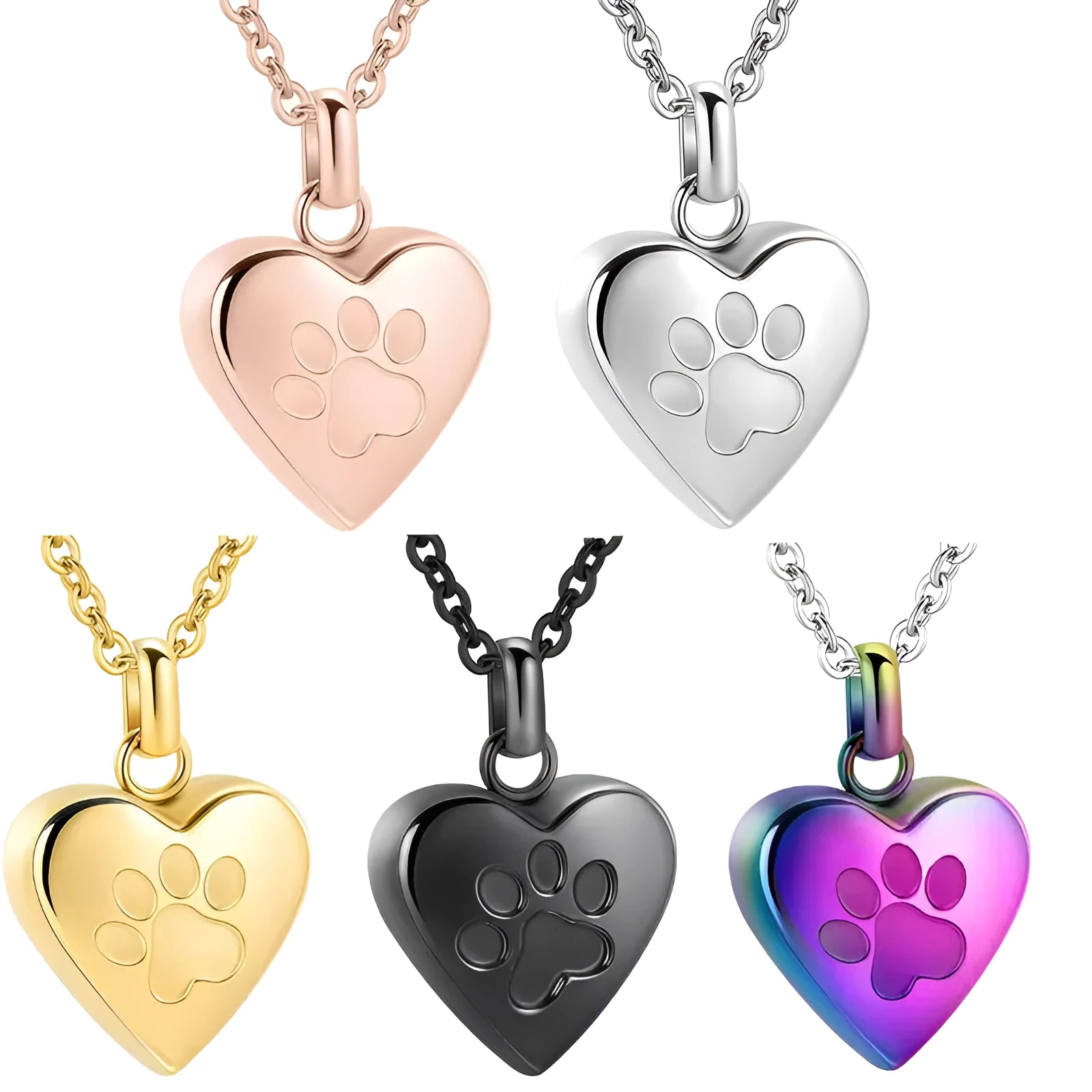Titanium steel heart pendant memorial necklace that can be opened, shown in multiple colour options.
