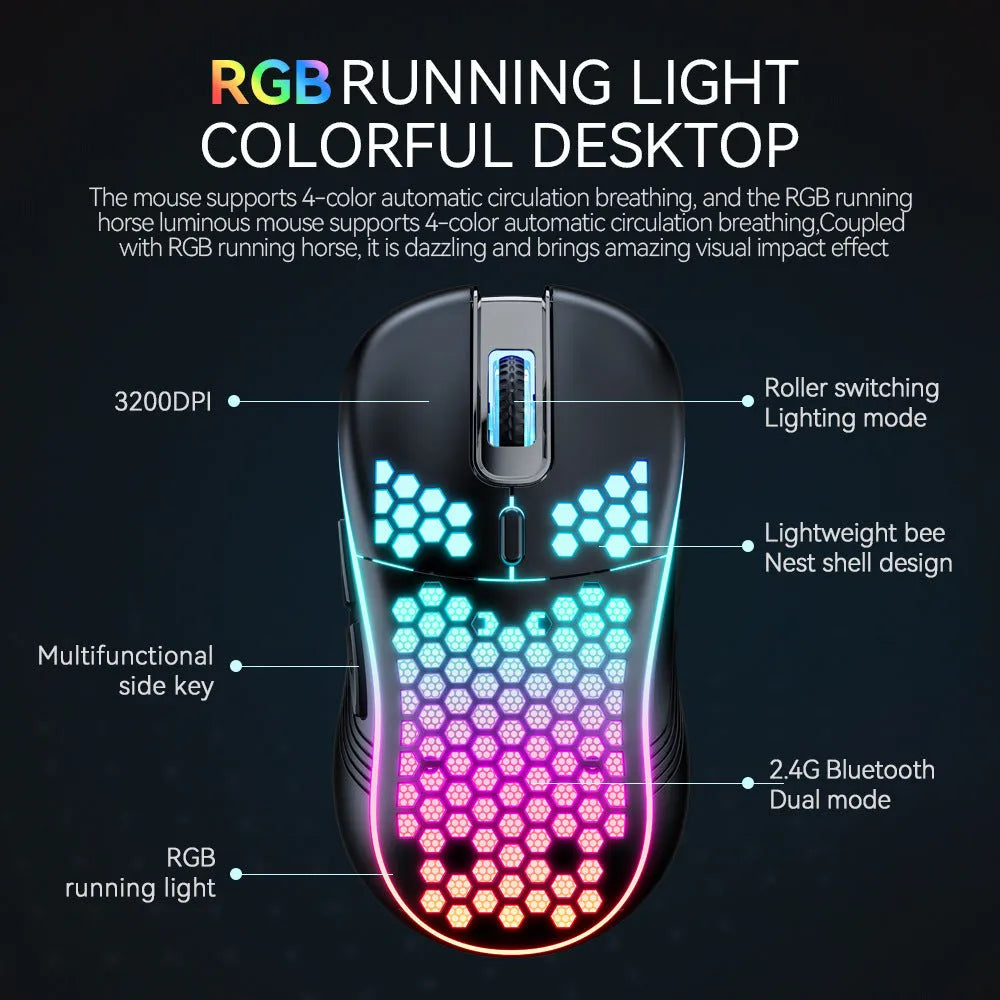 SA-1 black honeycomb shell RGB wireless gaming mouse with scroll wheel and seven buttons