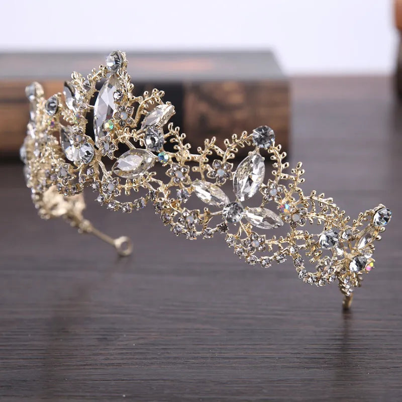 Light gold baroque bridal crown tiara with AB crystals on alloy frame measuring 15 cm diameter