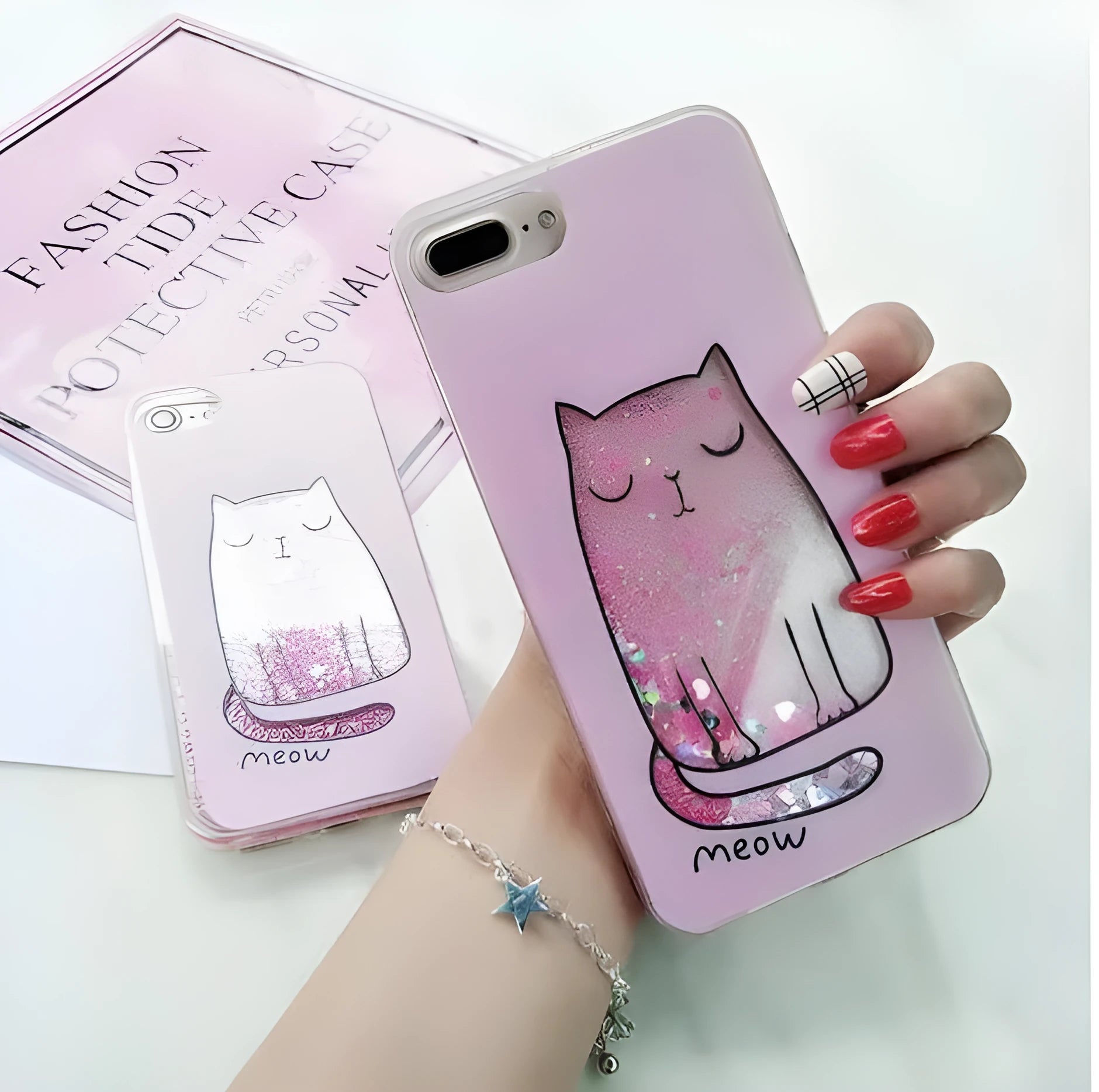 Four colourful cat phone cases with glitter for iPhone models 6 to X