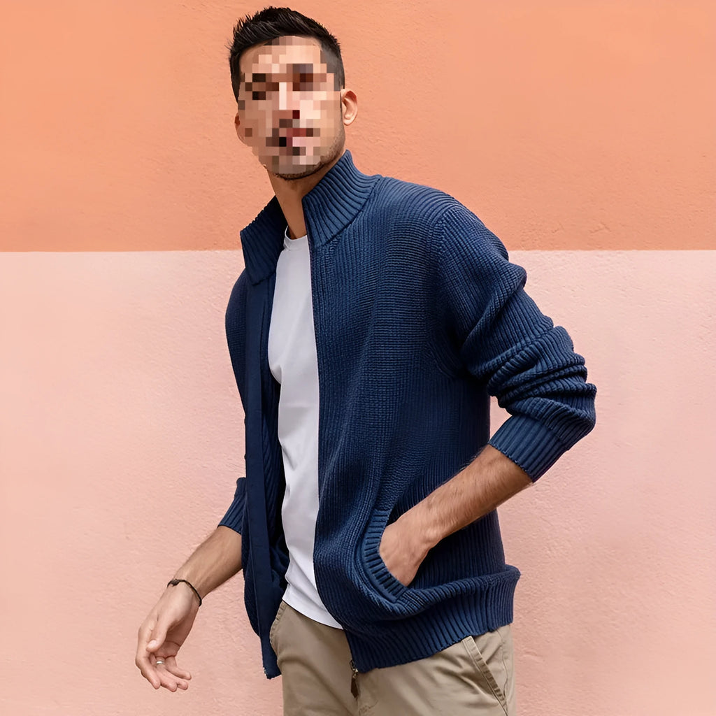 Men's half-high collar cardigan sweater slim jacket in sapphire blue with batwing sleeves front view