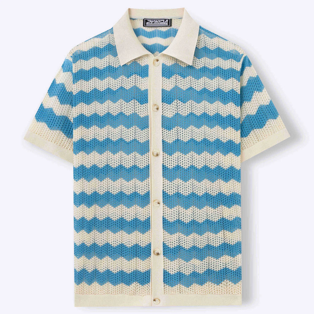 Yellow short-sleeve sweater with a raised corrugated jacquard pattern and a flocked detail on the front.