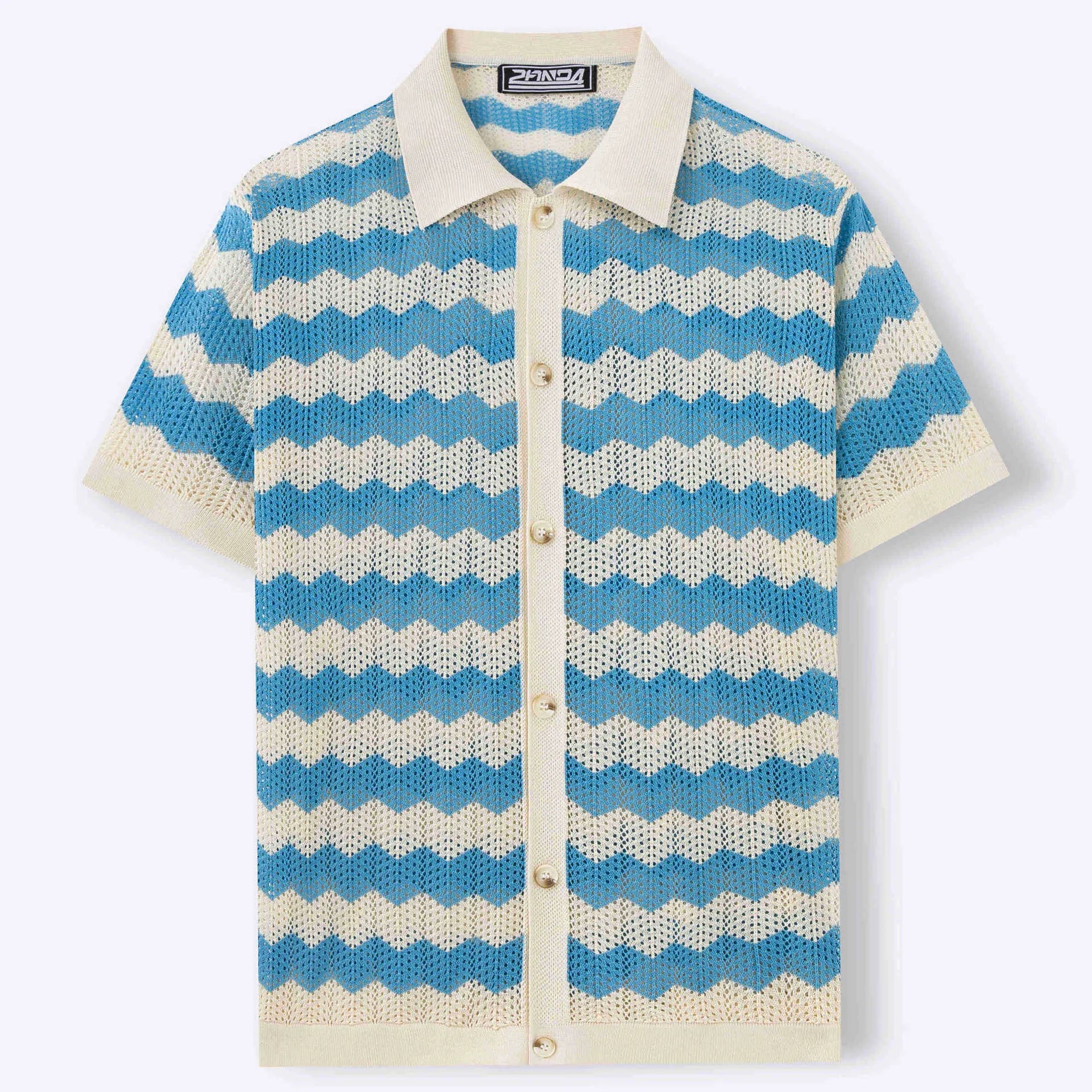 Yellow short-sleeve sweater with a raised corrugated jacquard pattern and a flocked detail on the front.
