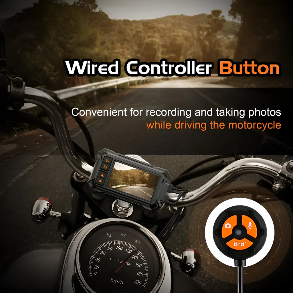 Motorcycle dual-lens GPS tachograph dash cam with accessories on a black background.