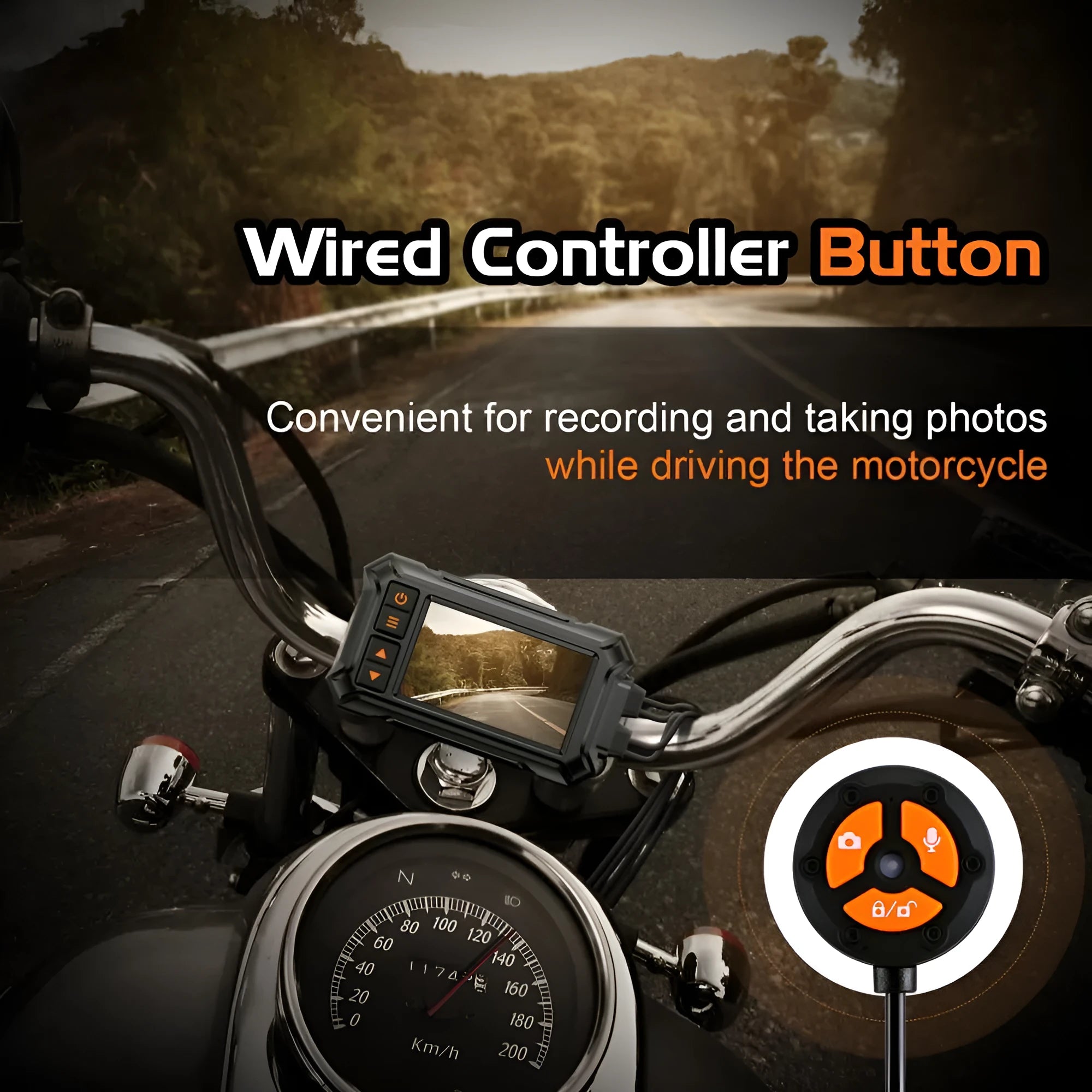Motorcycle dual-lens GPS tachograph dash cam with accessories on a black background.