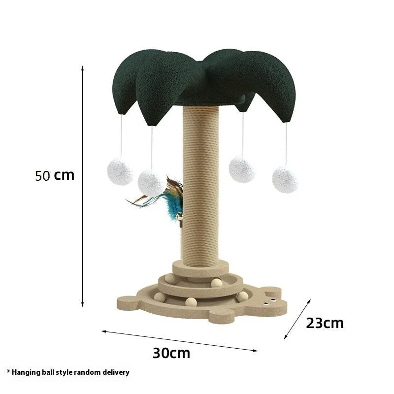 Solid wood cat scratching post with sisal rope and a rotating turntable in a panda design.