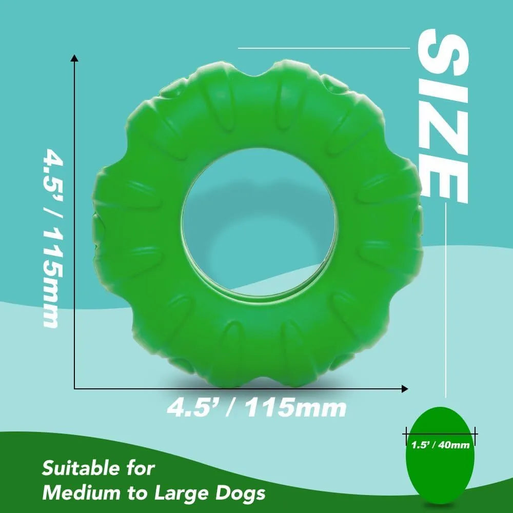 Blue rubber tyre dog chew toy with oval openings for food dispensing