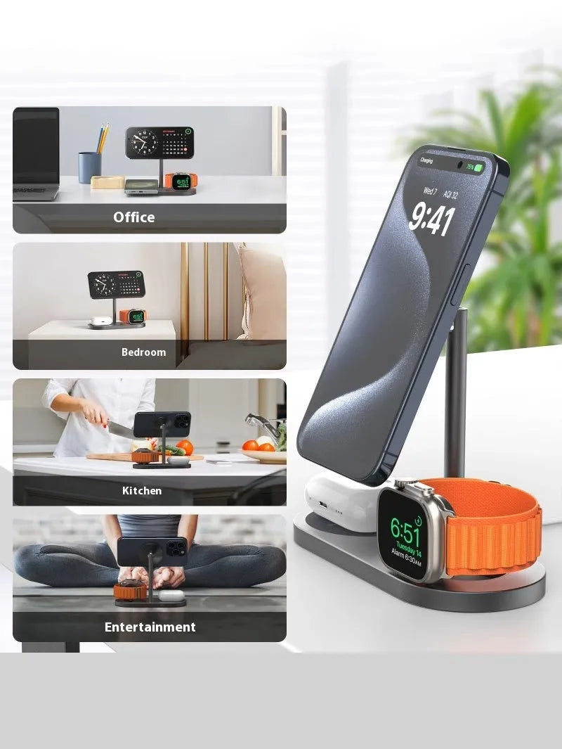 Three-in-one magnetic wireless charger with aluminium alloy body in gray finish, charging a smartphone and watch