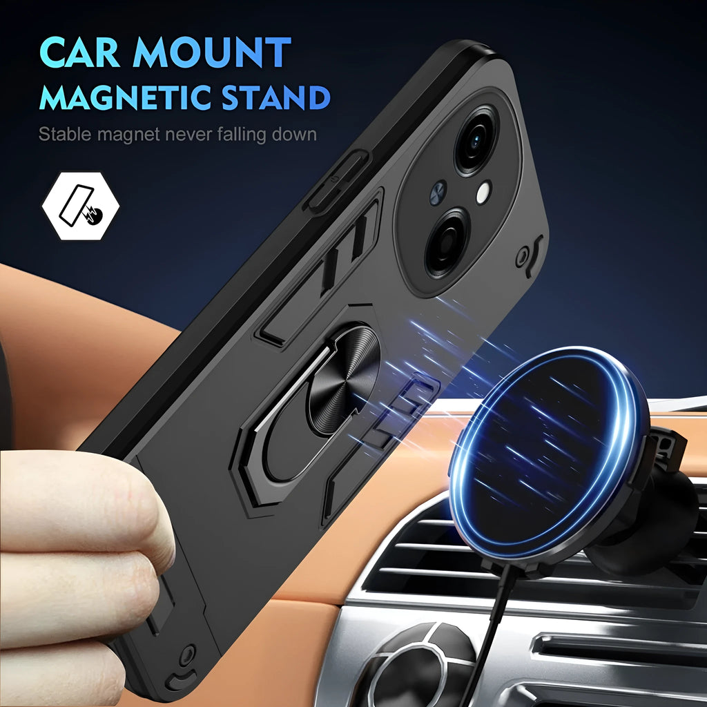 360 bracket phone case for Tecno models in black, blue or green, PC back cover with airbag and invisible bracket