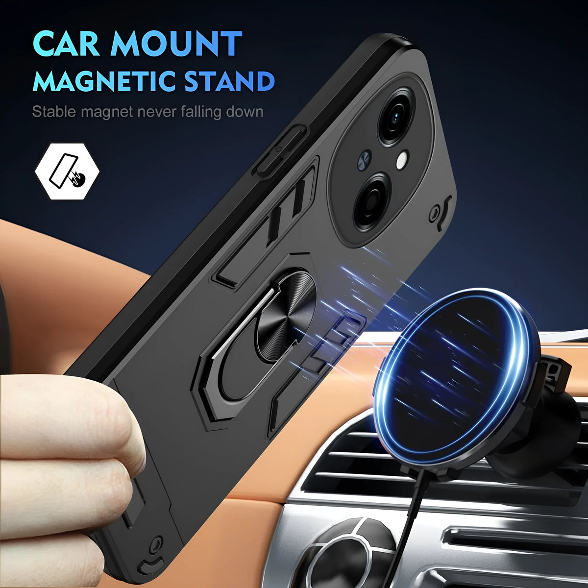360 bracket phone case for Tecno models in black, blue or green, PC back cover with airbag and invisible bracket