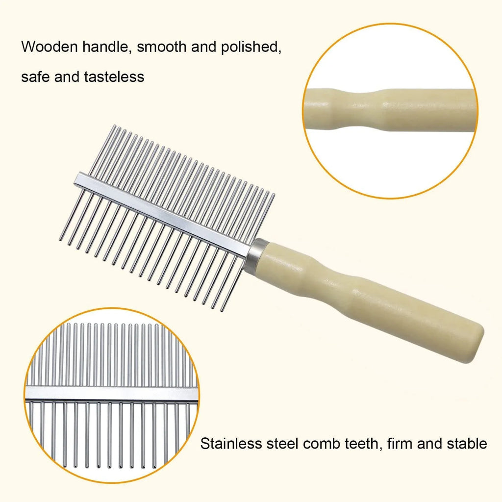 Wooden handle pet grooming comb for dogs and cats on a white background.