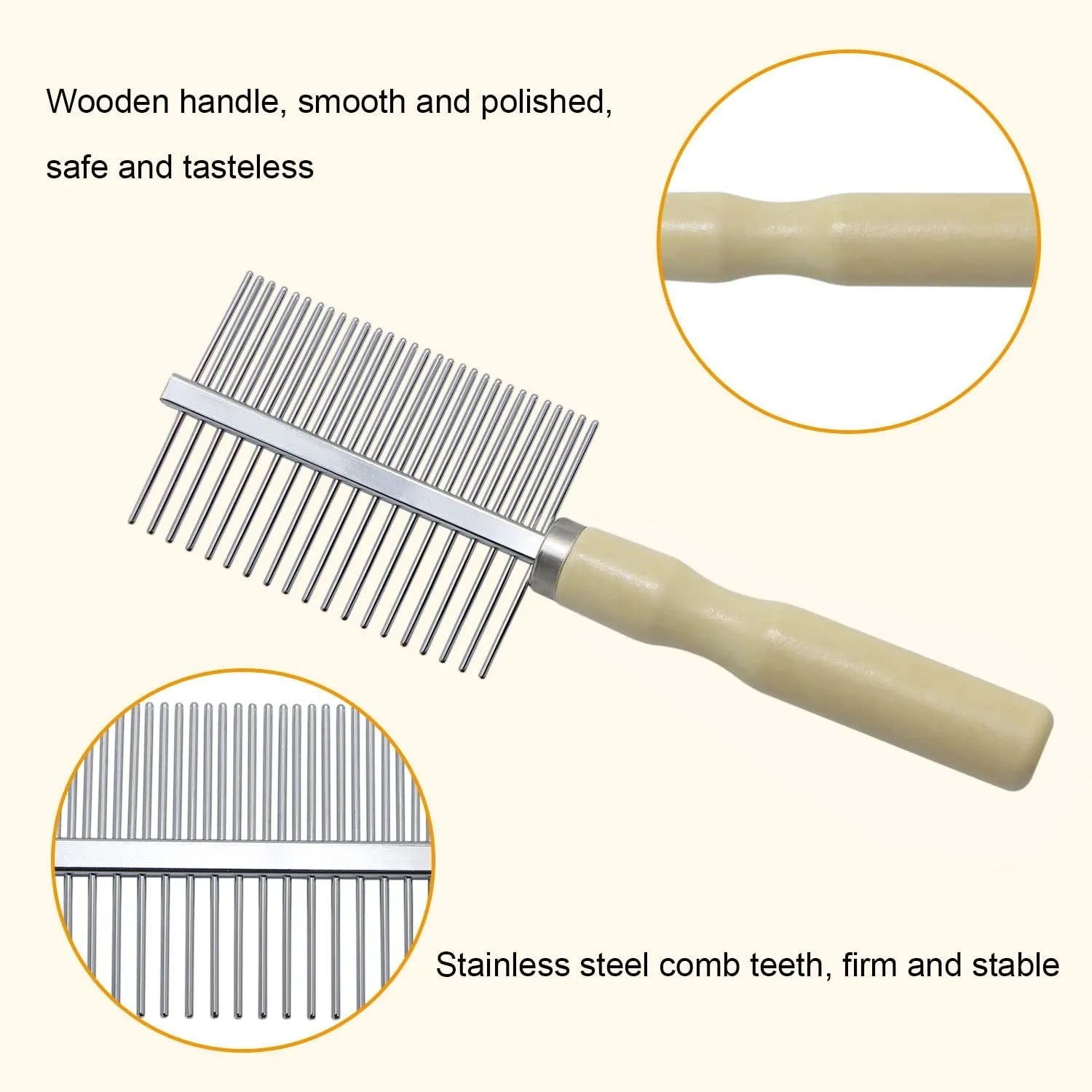 Wooden handle pet grooming comb for dogs and cats on a white background.