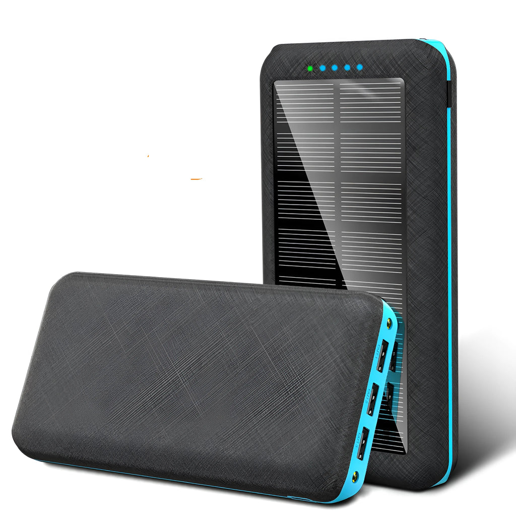 Wireless power bank with Qi charging showing three USB ports and LED flashlight in black-blue colour