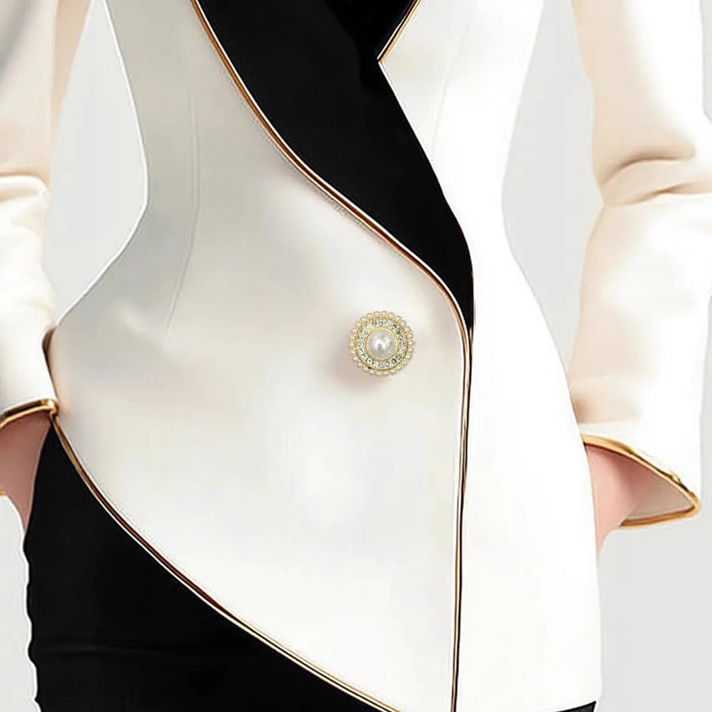 Women's beige long sleeve coat with golden pearl buttons and irregular hemline