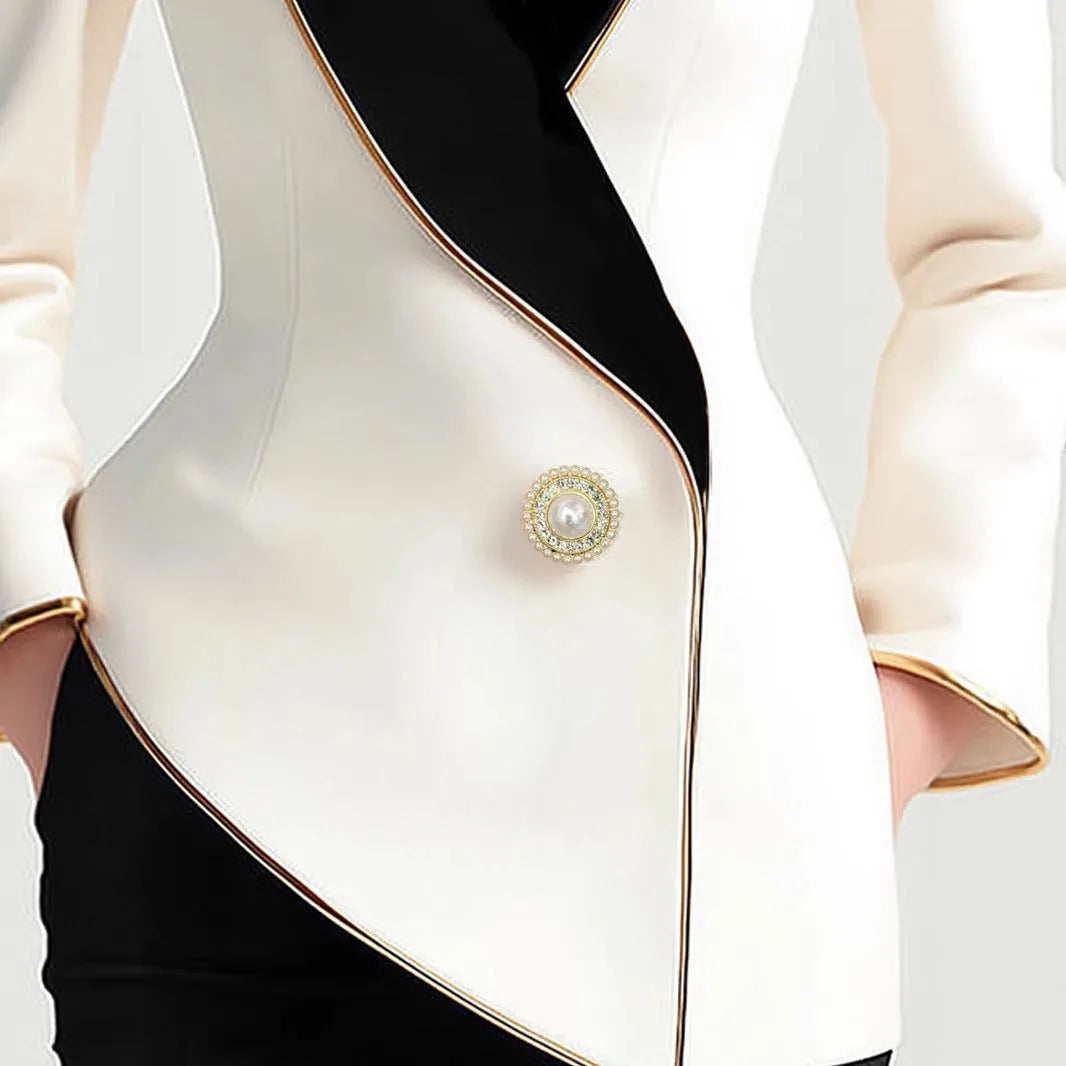Women's beige long sleeve coat with golden pearl buttons and irregular hemline