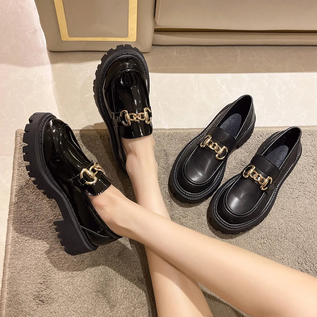 British retro round toe flat heel shoes in black glossy with PU upper