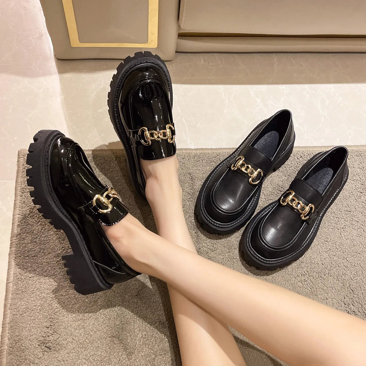British retro round toe flat heel shoes in black glossy with PU upper