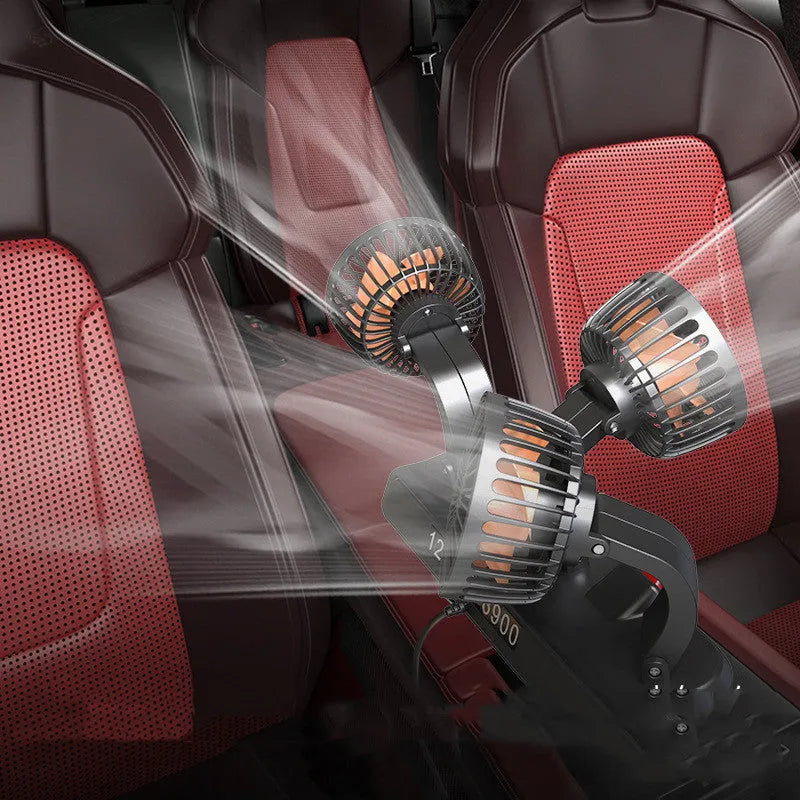 Three-head 12V car cooling fan with adjustable heads and a long cable for cigarette lighter or USB power.