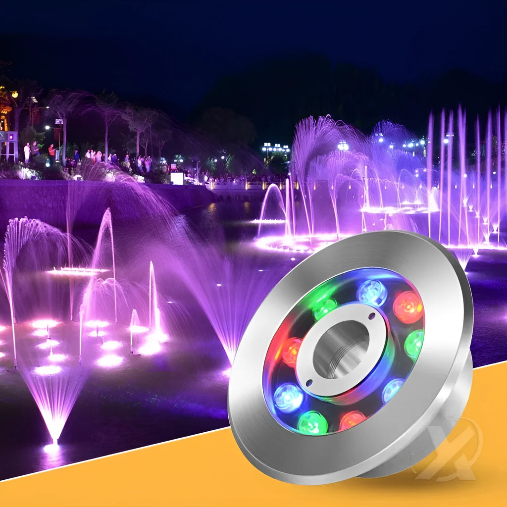 Aluminium alloy outdoor underwater lamp shown illuminated in a garden water feature.