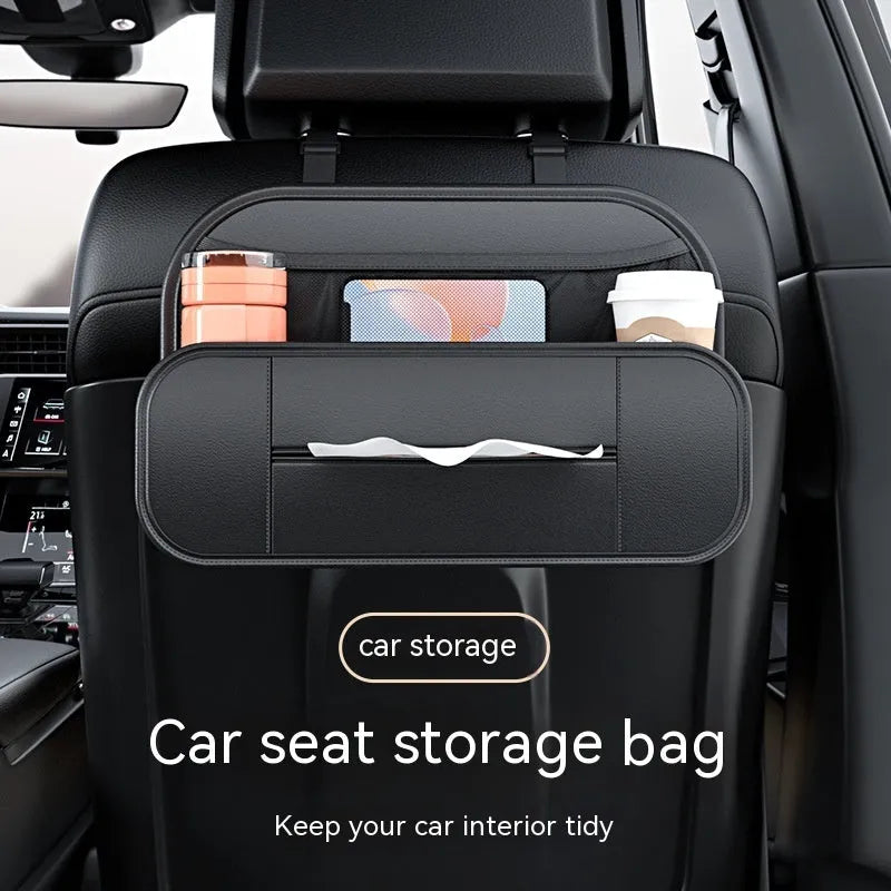 Black leather car seat rear storage bag showing compartments and dimensions