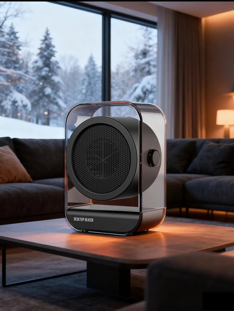 Beige desktop heater with 500W heating wire, two fan speeds, and automatic power-off, 196x266mm