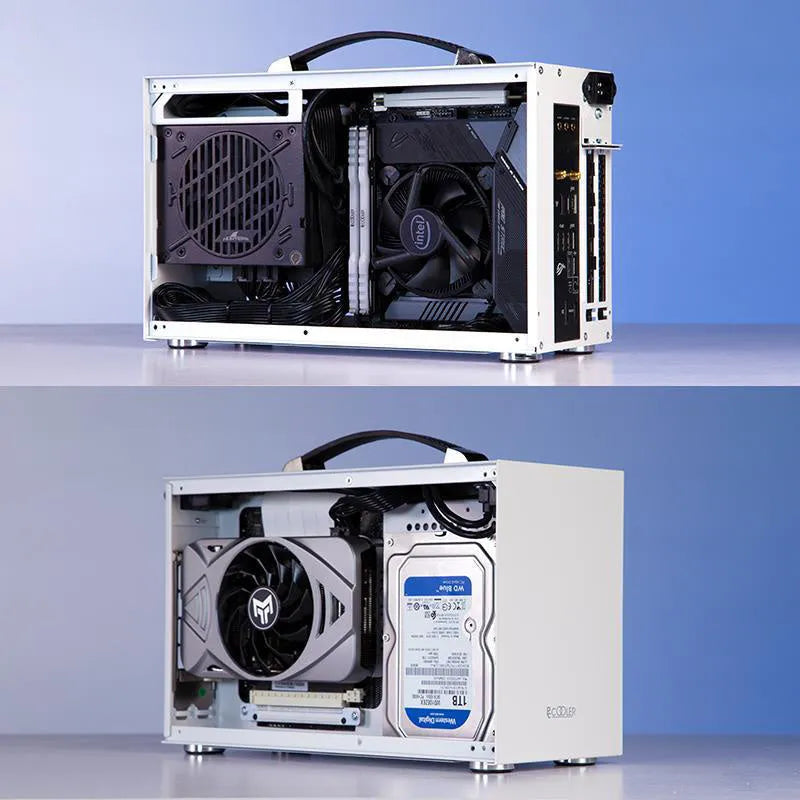 Three Hummingbird Portable mini-ITX desktop computer case in titanium grey and white finish options